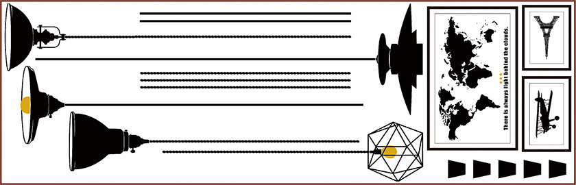 ライトと、額に入った世界地図などのモノトーンのウォールステッカー