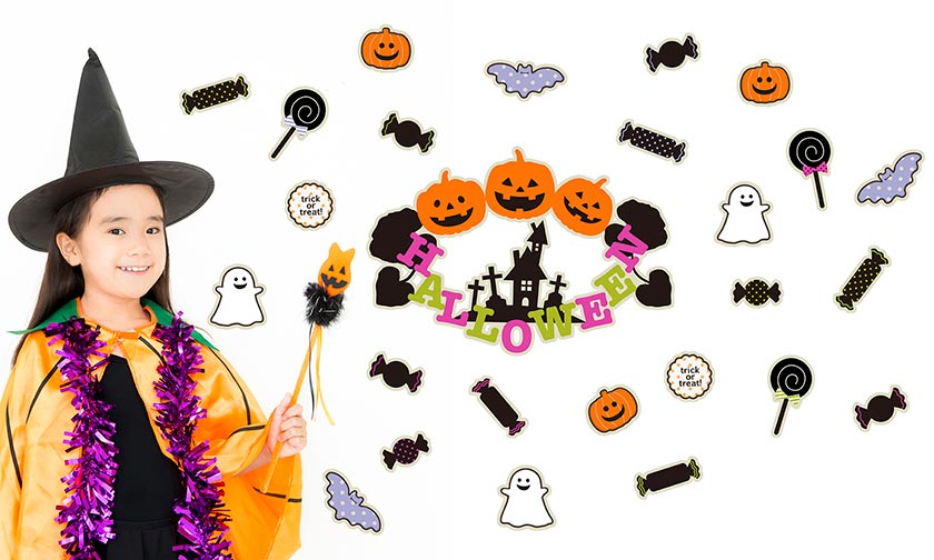 かぼちゃ、おばけ、コウモリ、お菓子、アメなどのハロウィンウォールステッカー